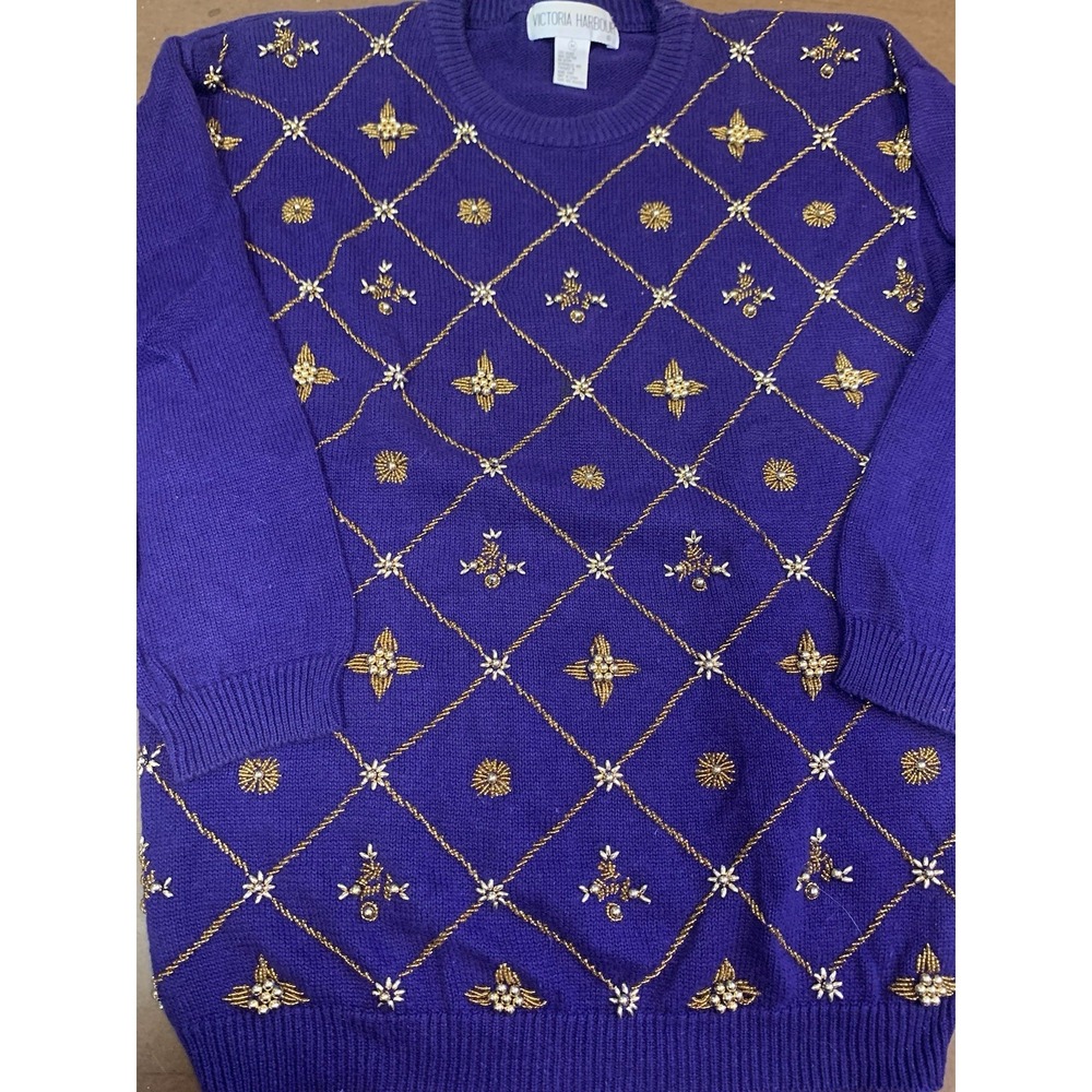 Women's M Vintage Victoria Harbor Beaded Knit Pullover Sweater Granny Unique 90s